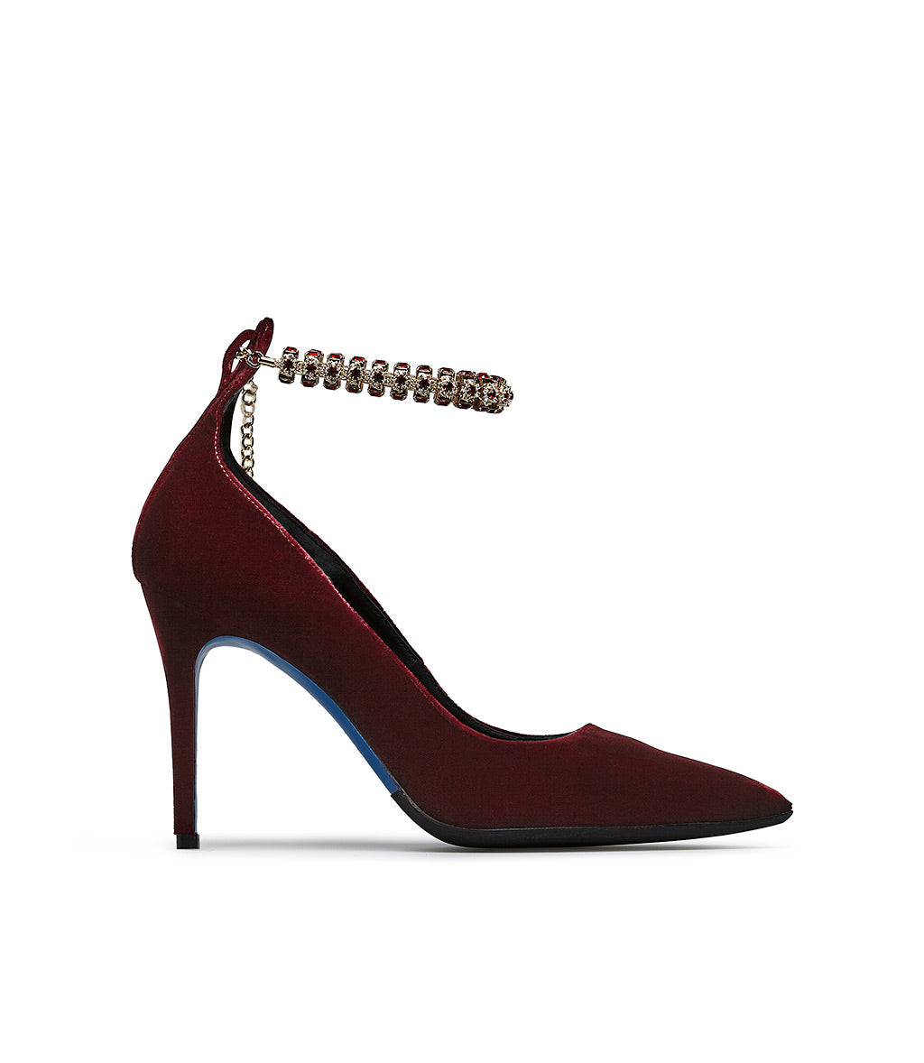 Loriblu Décolleté in velluto rosso rubino con cinturino gioiello