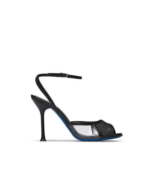 Sandalo in vernice nera con tricot e plexi