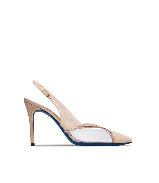 Slingback in vernice crema e oro con inserti plexi